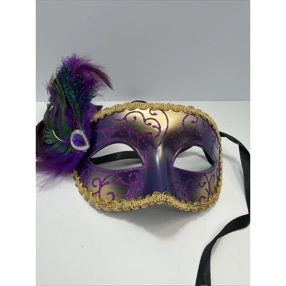 Purple and Gold Venetian-style masquerade mask adorned with peacock feathers